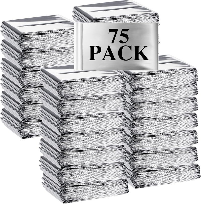 Macarrie 75 Pack Emergency Foil Thermal Blankets Silver Foil Survival Space Blanket Kit for Outdoors, Camping, Hiking, Homeless, Survival or First Aid, Silver - Image 1